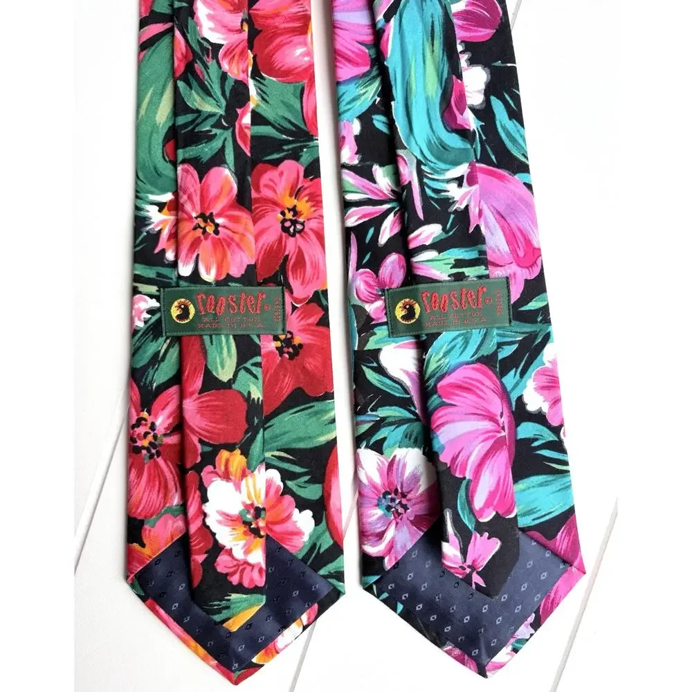 Vintage Rooster Tropical Floral Cotton Tie Lot of 2 USA 100% Cotton 54.5
